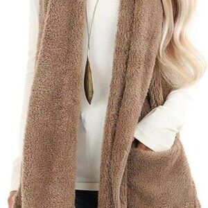 Womens Sleeveless Sherpa Vest with Pockets Lapel Open Front Fleece Cardigan Swea